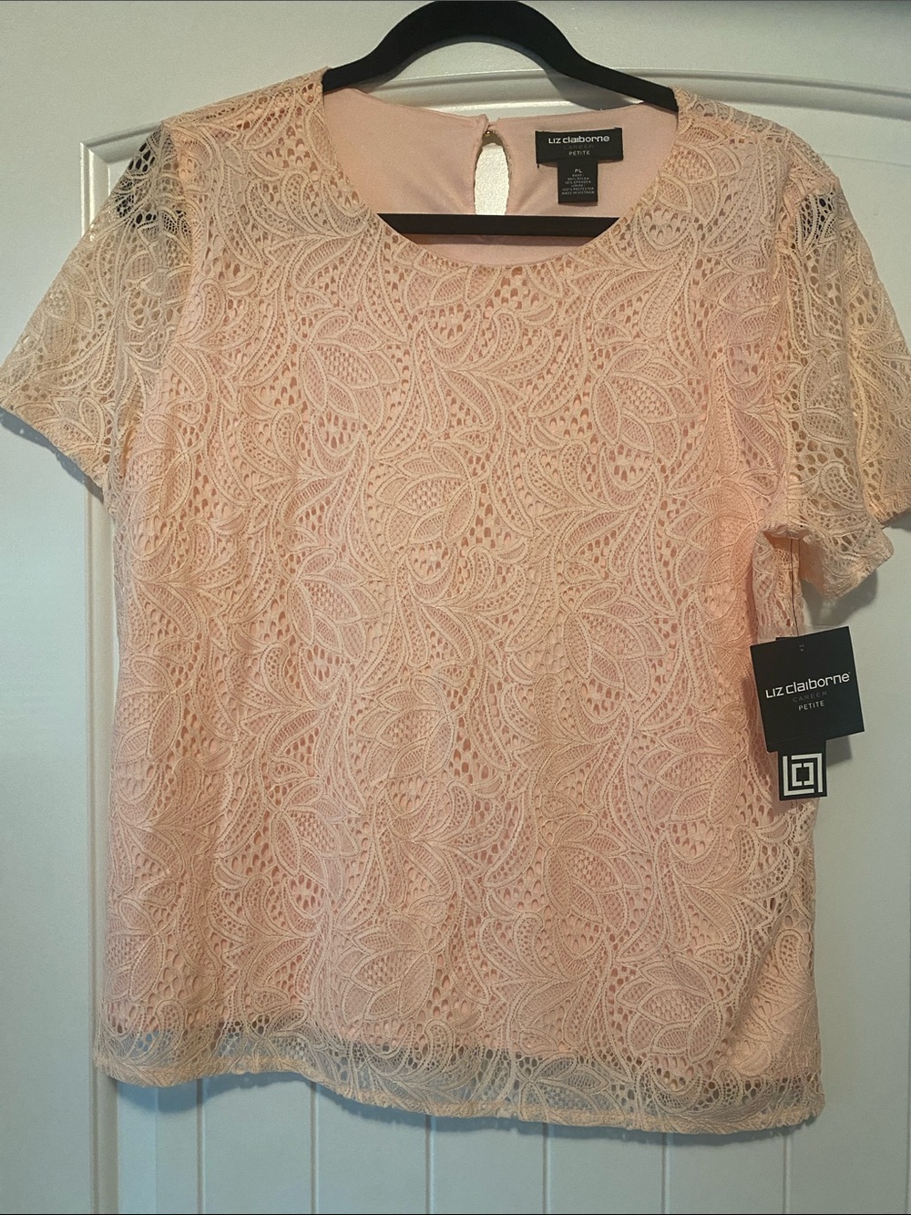 Liz Claiborne Blush Pink Lace Overlay Short Sleeve Top